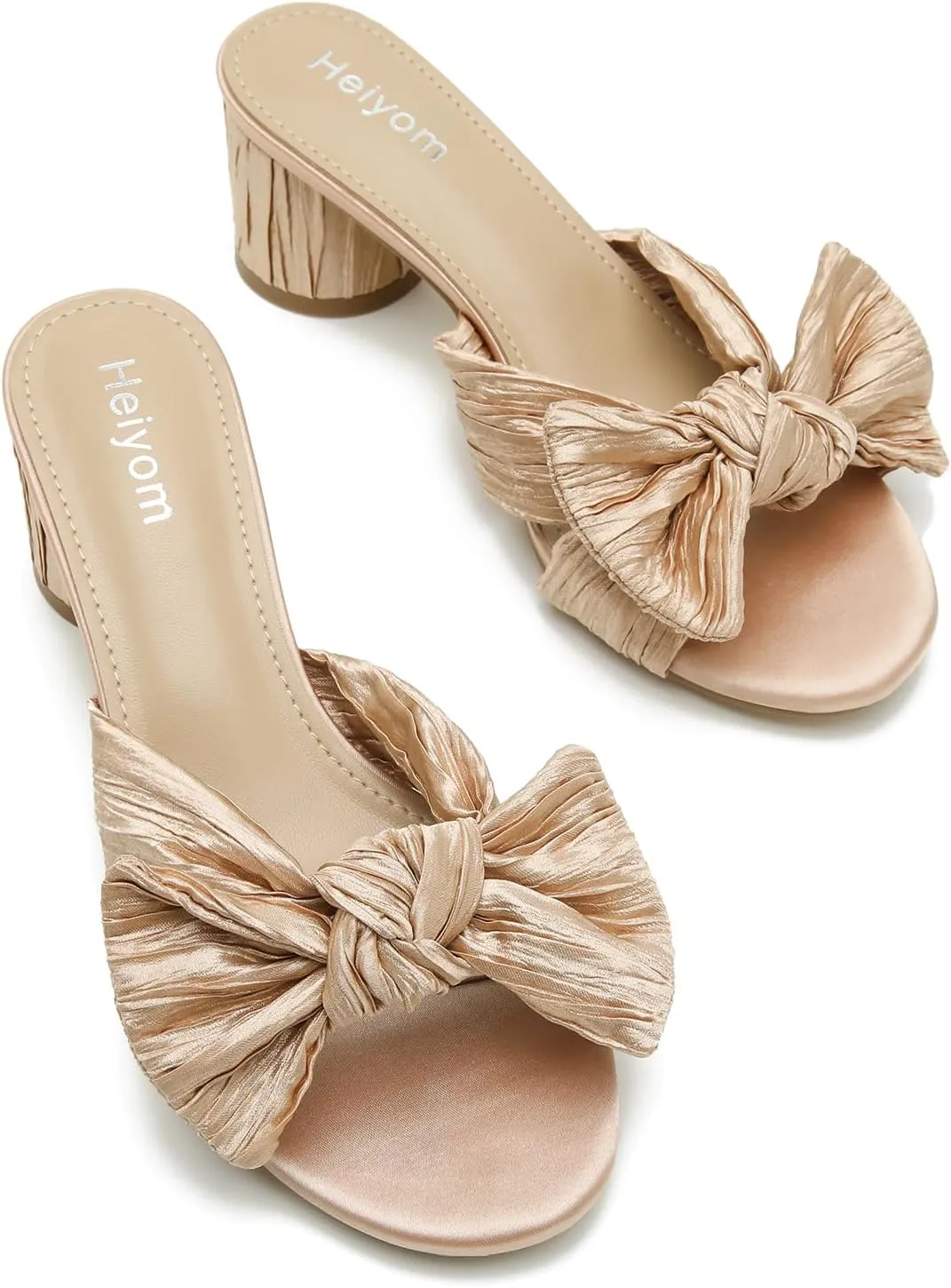 Heiyom Women's Bowknot Low Chunky Heels Mules Sandals Slip on Pleated Bow Heels Wedding Bridal Party Dress Shoes
