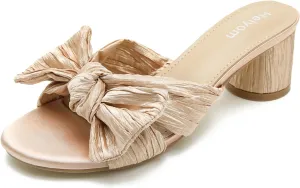 Heiyom Women's Bowknot Low Chunky Heels Mules Sandals Slip on Pleated Bow Heels Wedding Bridal Party Dress Shoes