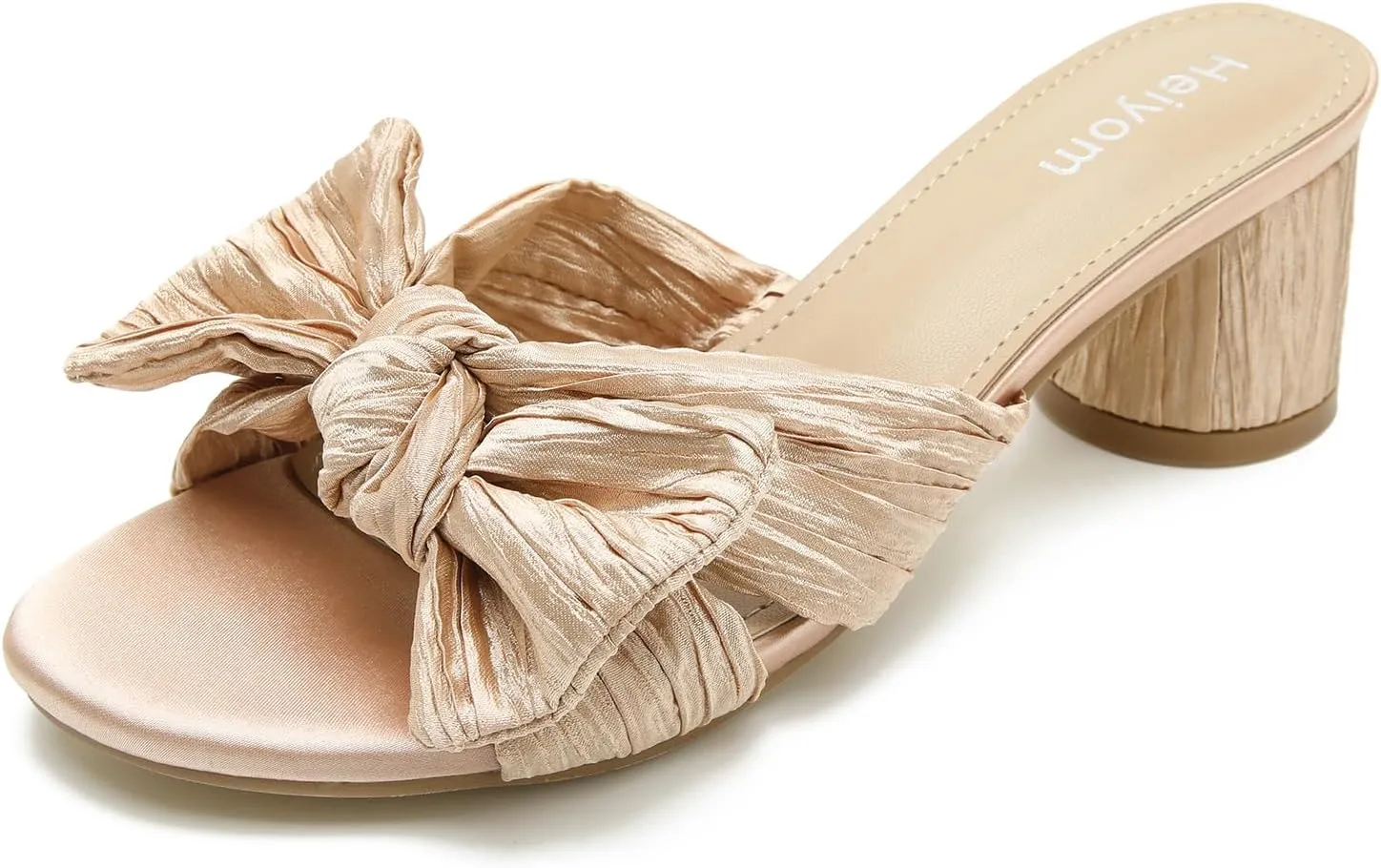 Heiyom Women's Bowknot Low Chunky Heels Mules Sandals Slip on Pleated Bow Heels Wedding Bridal Party Dress Shoes