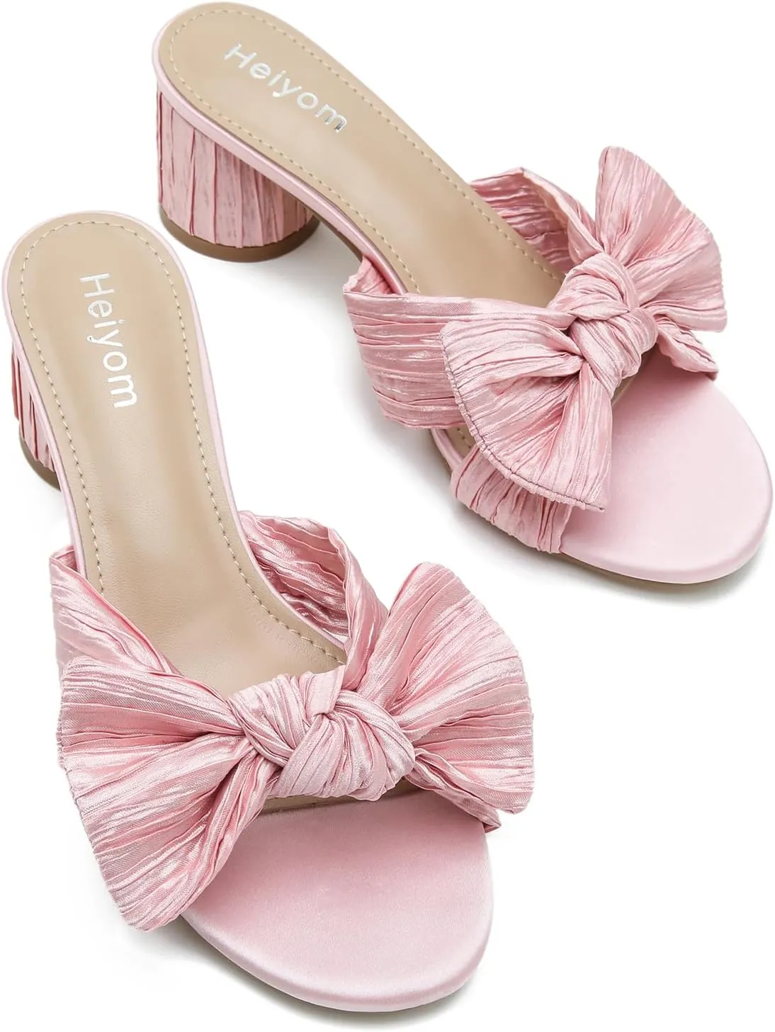 Heiyom Women's Bowknot Low Chunky Heels Mules Sandals Slip on Pleated Bow Heels Wedding Bridal Party Dress Shoes