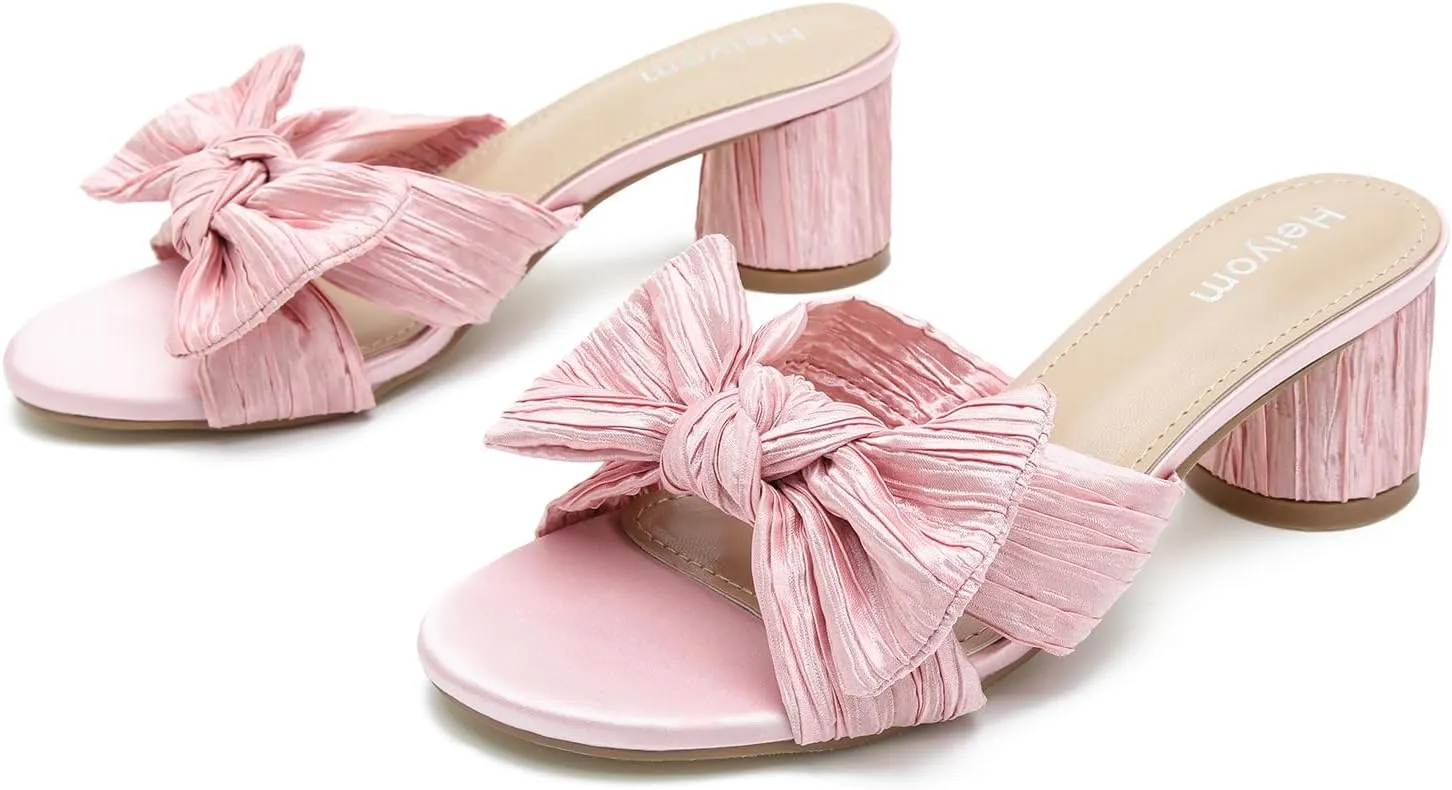 Heiyom Women's Bowknot Low Chunky Heels Mules Sandals Slip on Pleated Bow Heels Wedding Bridal Party Dress Shoes