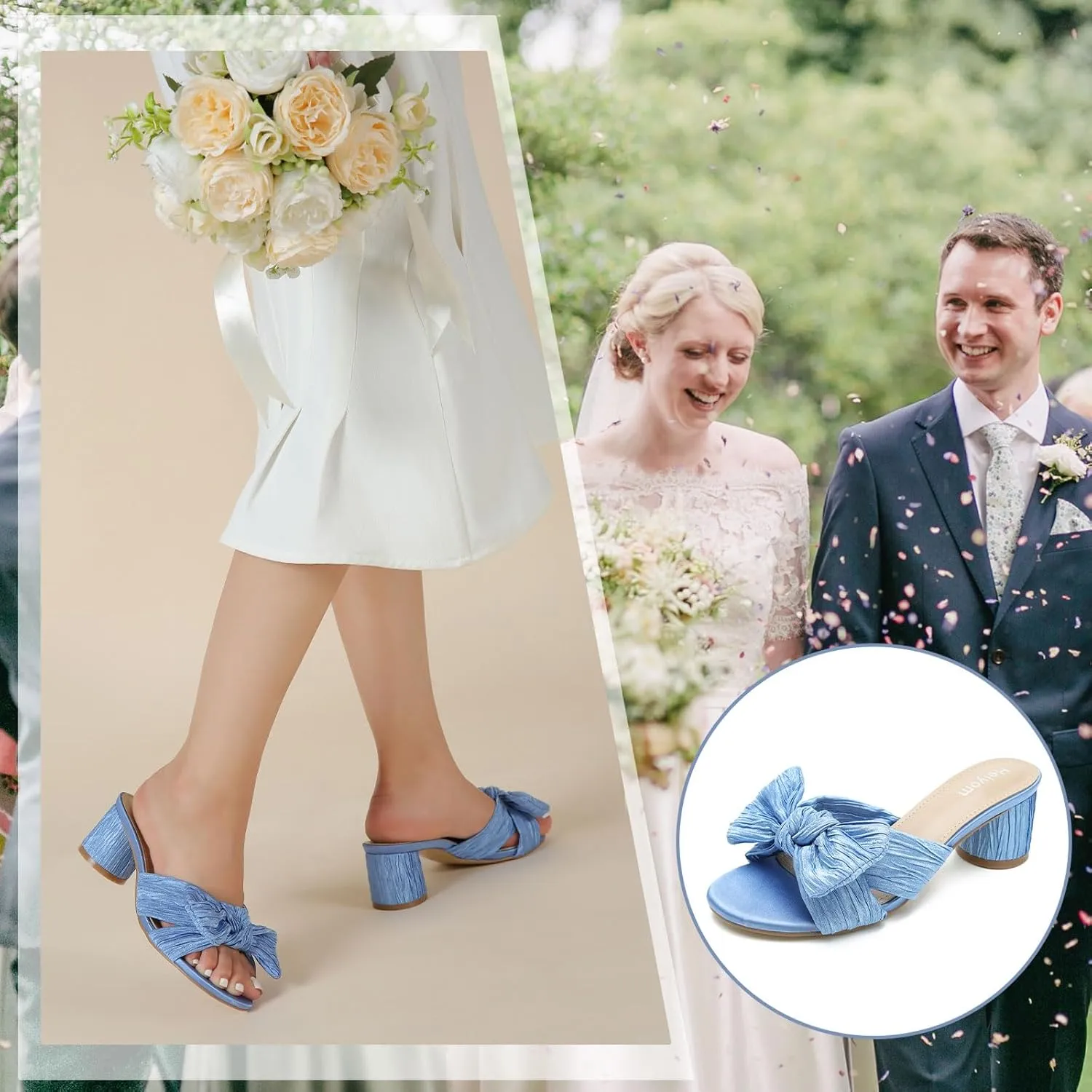 Heiyom Women's Bowknot Low Chunky Heels Mules Sandals Slip on Pleated Bow Heels Wedding Bridal Party Dress Shoes