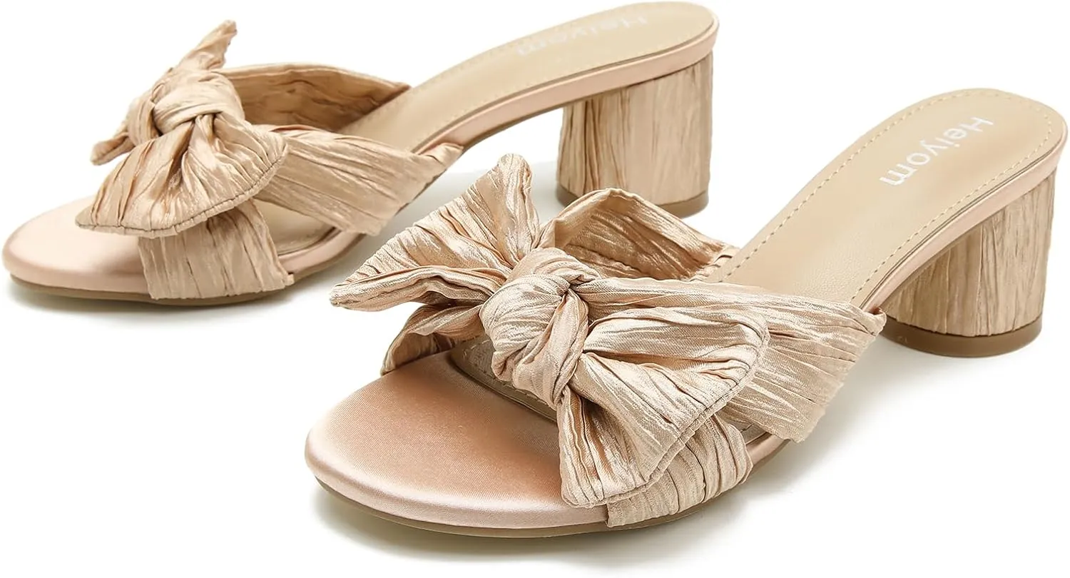 Heiyom Women's Bowknot Low Chunky Heels Mules Sandals Slip on Pleated Bow Heels Wedding Bridal Party Dress Shoes