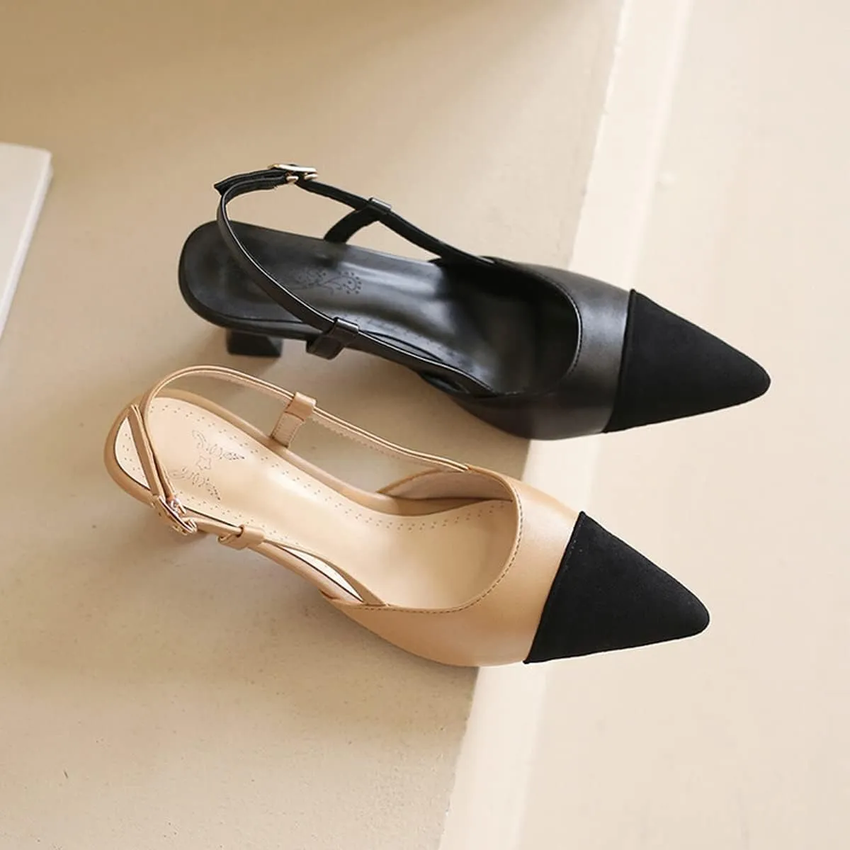 Hello Shero Women’s Pointed Toe Mid Kitten Heel Slingback Pumps Two-Tone Slip-On Dress Shoes for Office Lady Evening Party Dating Prom Church
