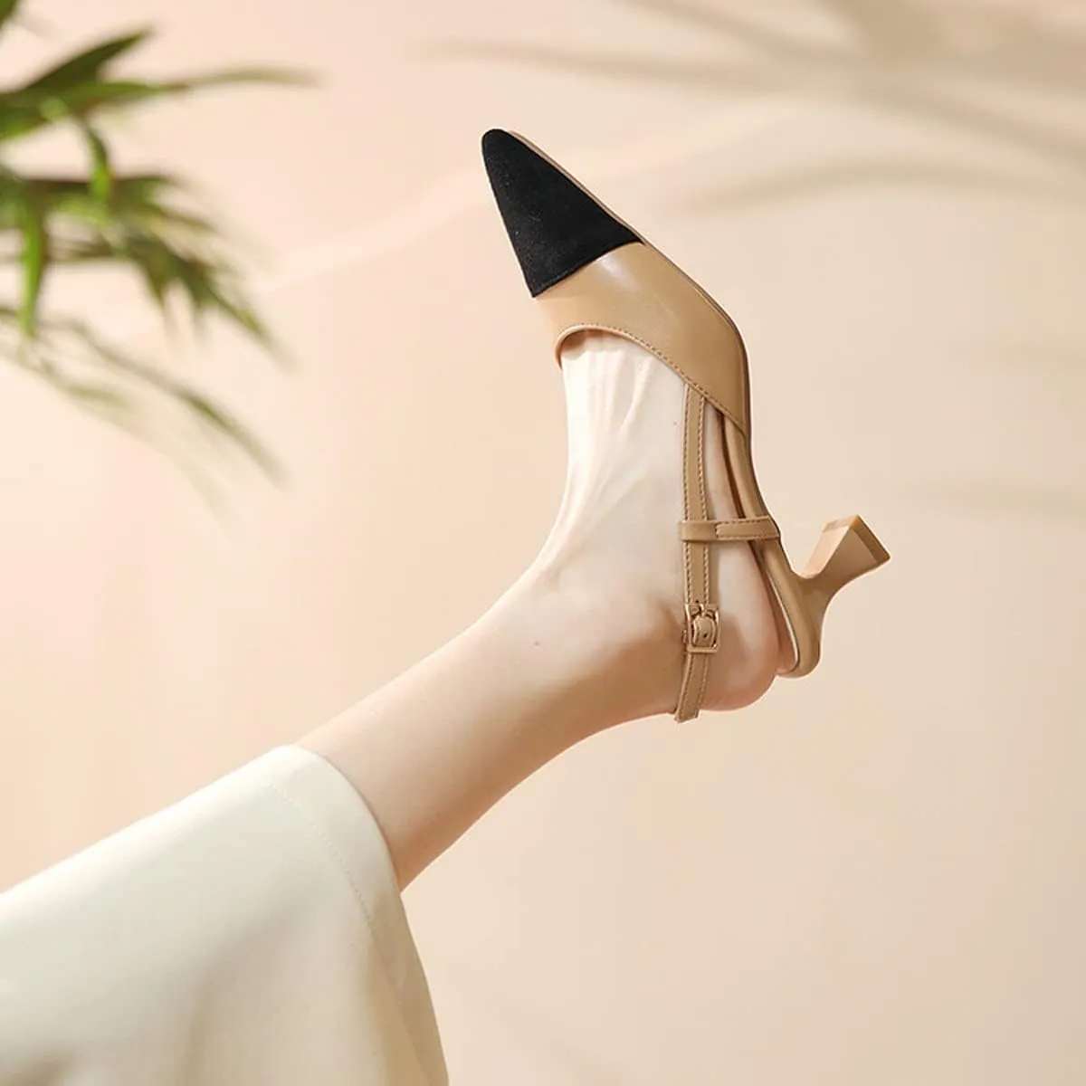 Hello Shero Women’s Pointed Toe Mid Kitten Heel Slingback Pumps Two-Tone Slip-On Dress Shoes for Office Lady Evening Party Dating Prom Church