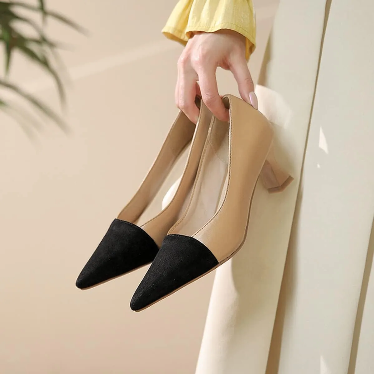 Hello Shero Women’s Pointed Toe Mid Kitten Heel Slingback Pumps Two-Tone Slip-On Dress Shoes for Office Lady Evening Party Dating Prom Church