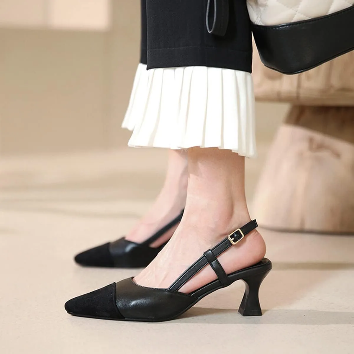 Hello Shero Women’s Pointed Toe Mid Kitten Heel Slingback Pumps Two-Tone Slip-On Dress Shoes for Office Lady Evening Party Dating Prom Church