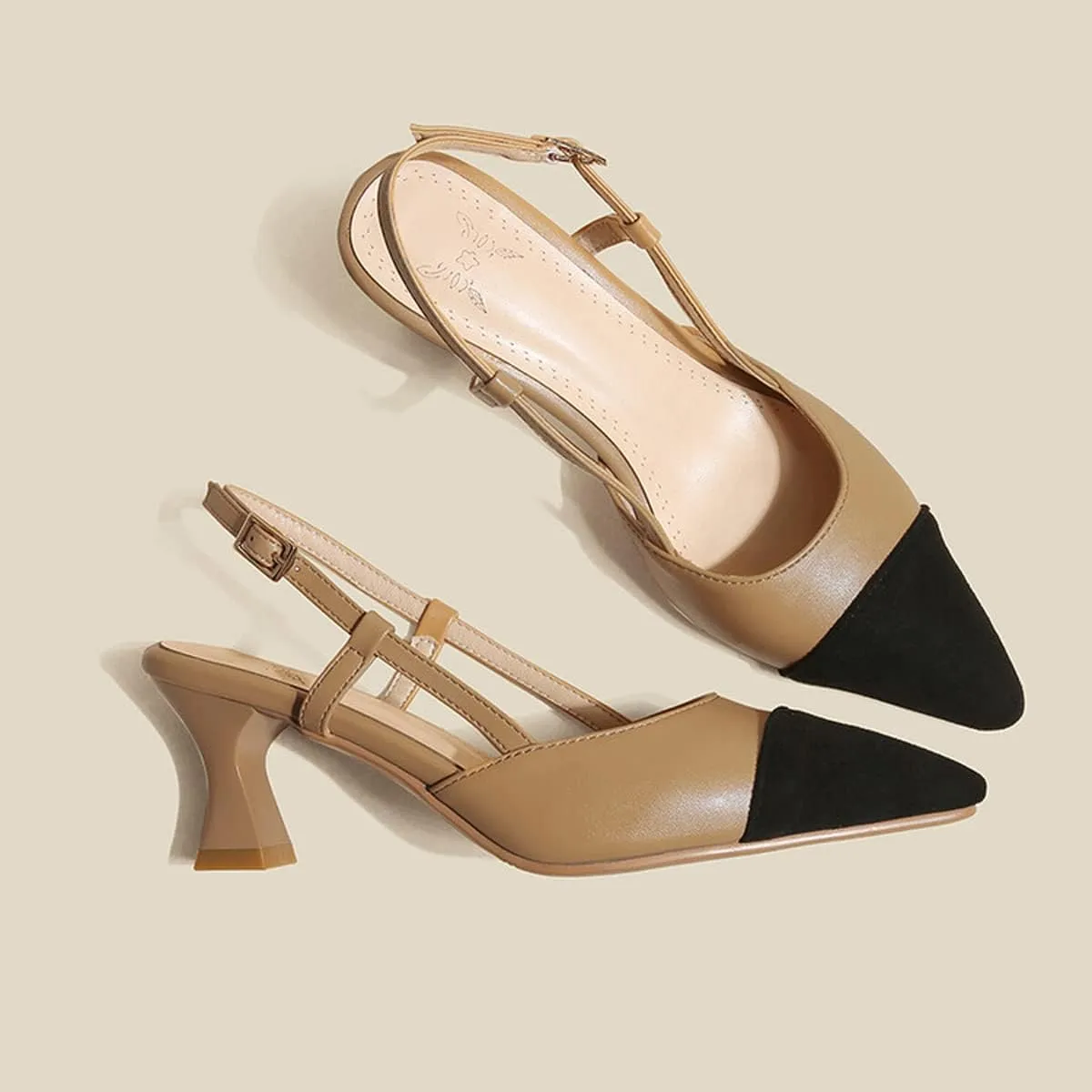 Hello Shero Women’s Pointed Toe Mid Kitten Heel Slingback Pumps Two-Tone Slip-On Dress Shoes for Office Lady Evening Party Dating Prom Church
