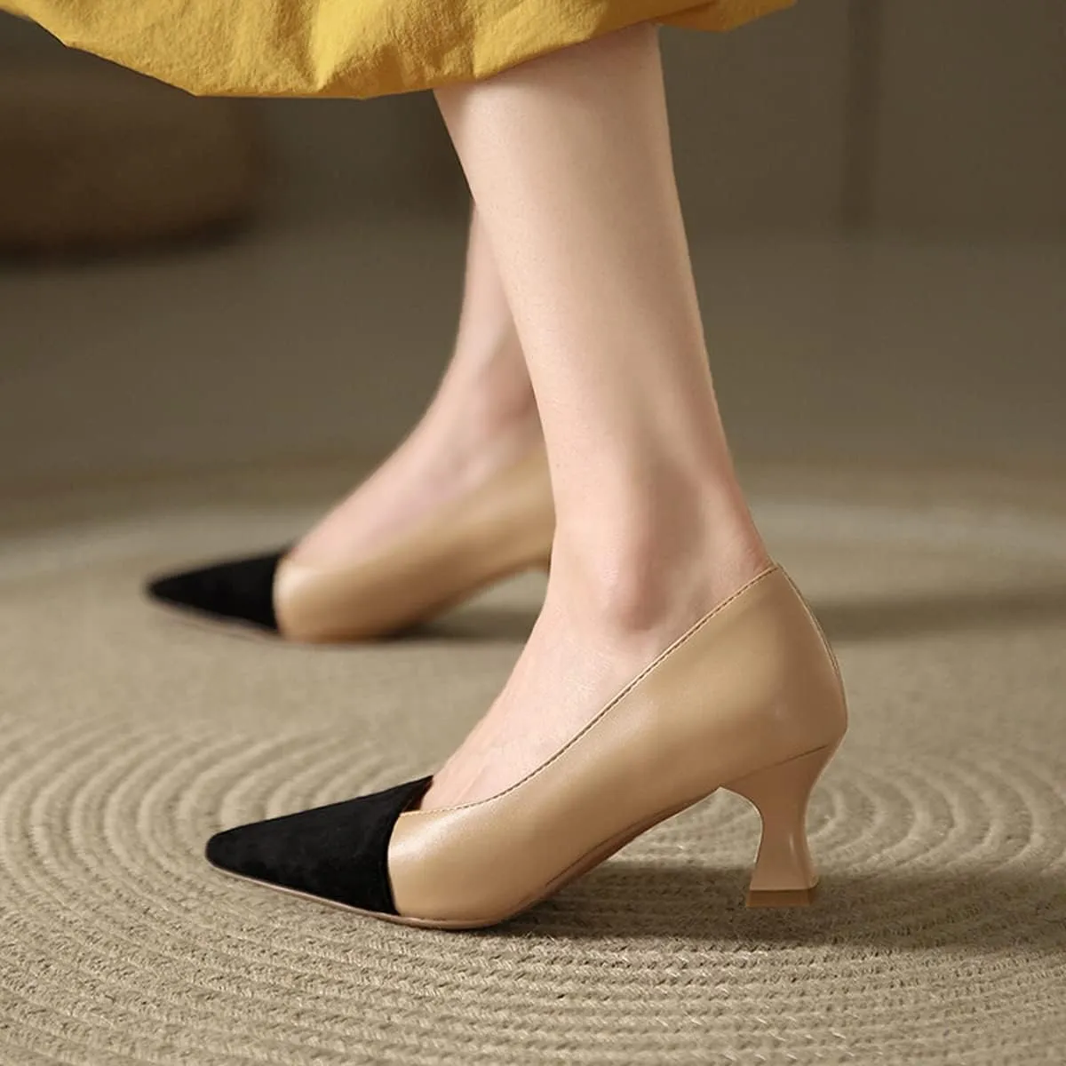 Hello Shero Women’s Pointed Toe Mid Kitten Heel Slingback Pumps Two-Tone Slip-On Dress Shoes for Office Lady Evening Party Dating Prom Church