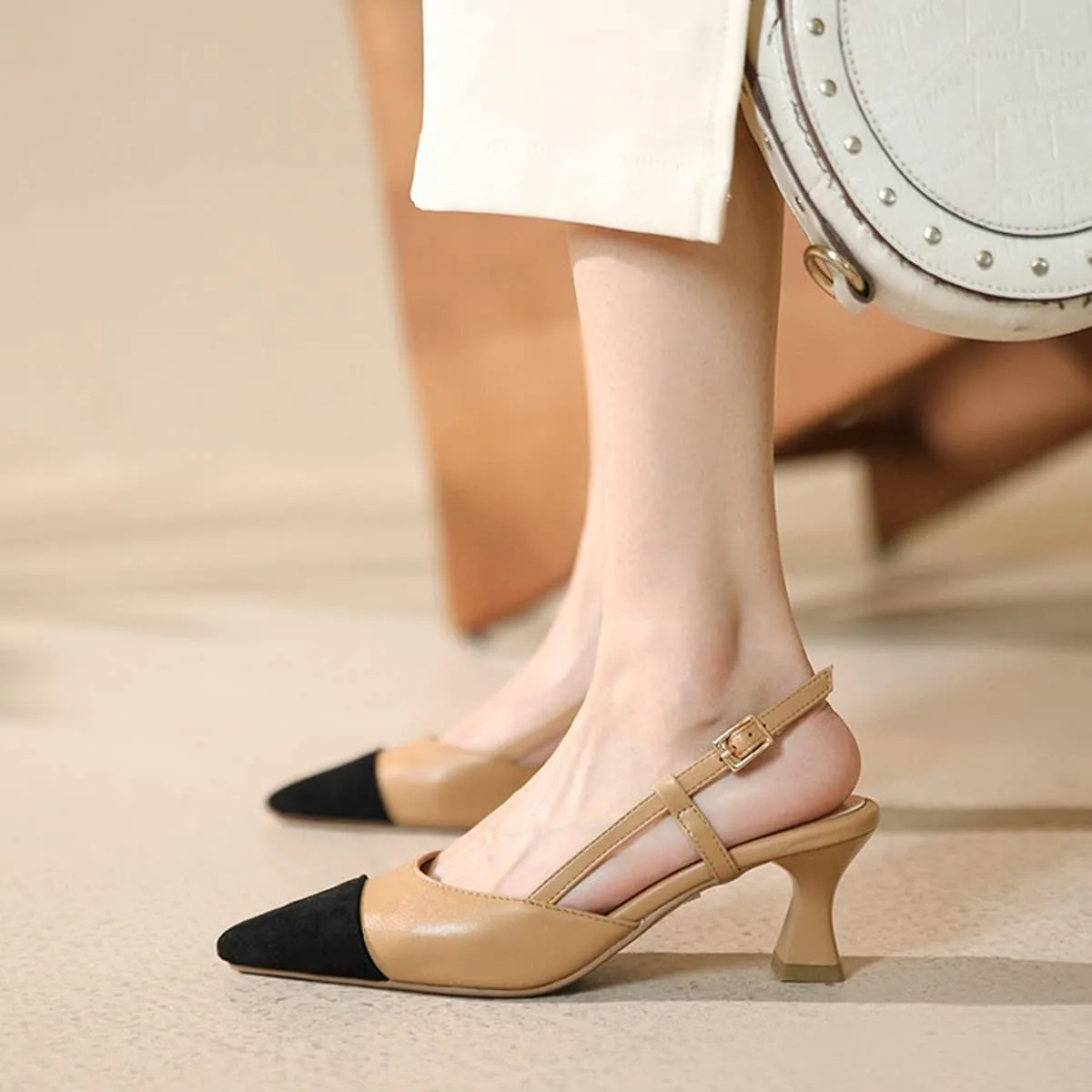 Hello Shero Women’s Pointed Toe Mid Kitten Heel Slingback Pumps Two-Tone Slip-On Dress Shoes for Office Lady Evening Party Dating Prom Church
