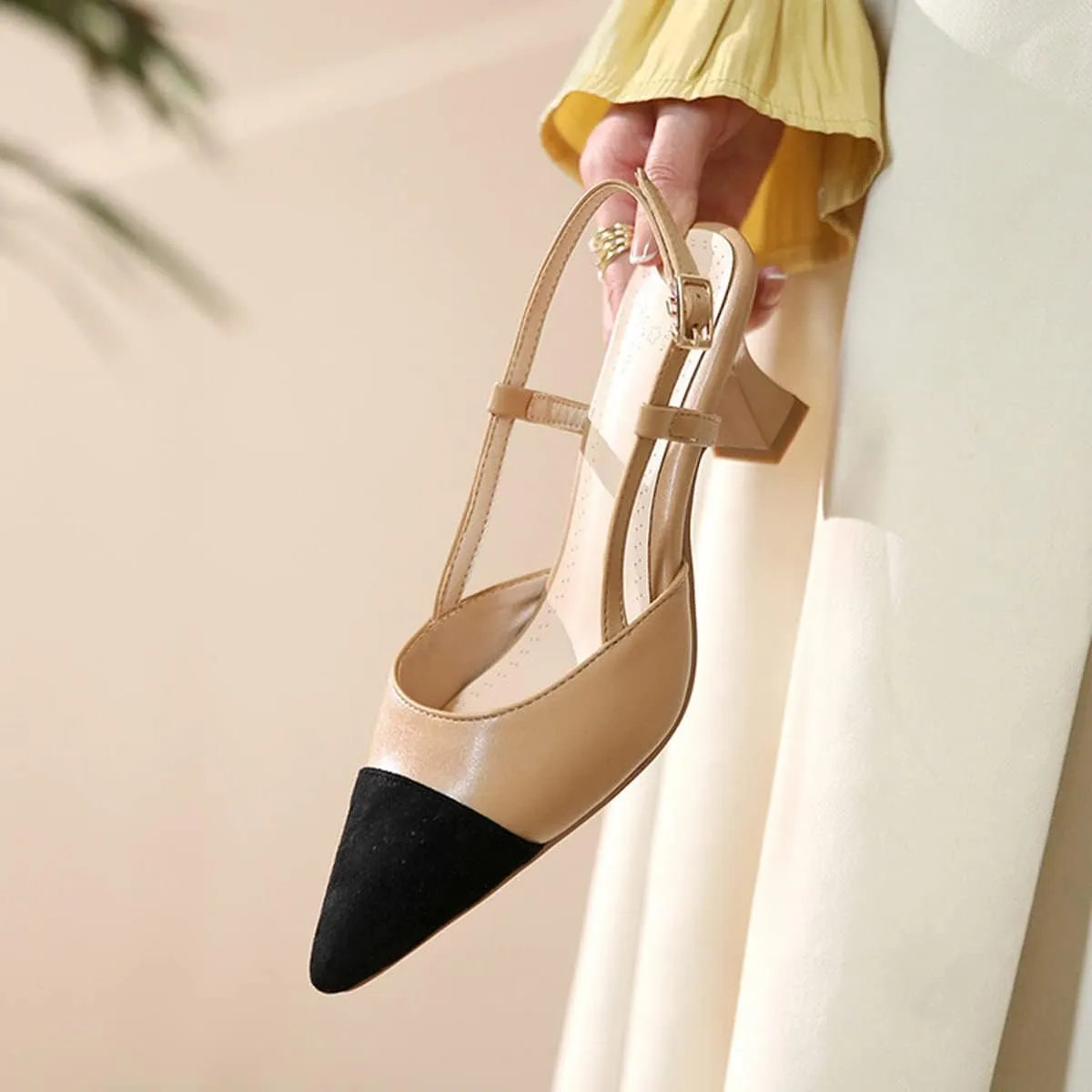 Hello Shero Women’s Pointed Toe Mid Kitten Heel Slingback Pumps Two-Tone Slip-On Dress Shoes for Office Lady Evening Party Dating Prom Church