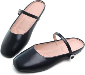 HuangTaiJi Qing Women's Closed Square Toe Backless Low Heeled Mule Slippers Casual Loafers Slip on Flat Shoes
