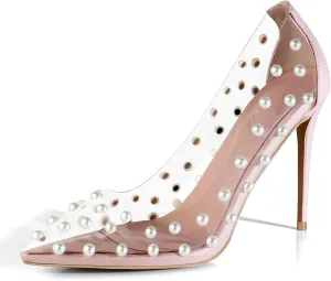 iadore Women's Pumps,11cm Pointed Toe Women High Heel Shoes Fashion Pearl Studded PVC Clear Heels Party Dress Pump Shoes