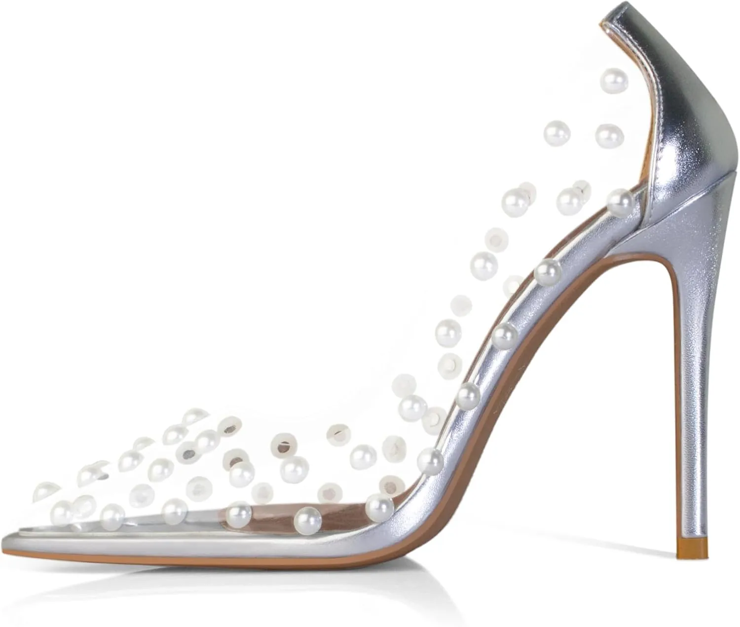 iadore Women's Pumps,11cm Pointed Toe Women High Heel Shoes Fashion Pearl Studded PVC Clear Heels Party Dress Pump Shoes