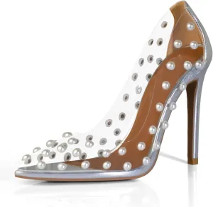 iadore Women's Pumps,11cm Pointed Toe Women High Heel Shoes Fashion Pearl Studded PVC Clear Heels Party Dress Pump Shoes