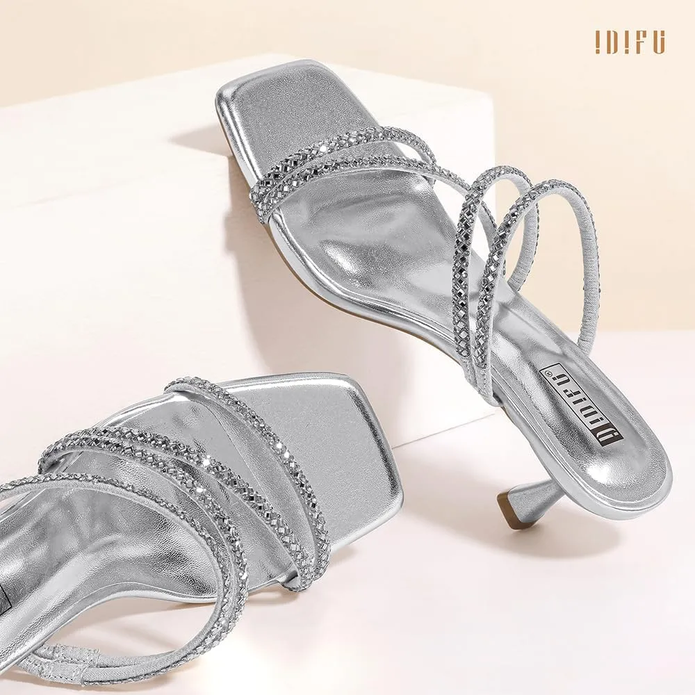 IDIFU IN2 Rhinestone Heels Strappy Low Kitten Square Open Toe Mule Heels Wedding Bridal Prom Party Dress Shoes for Women Comfortable Dressy Formal Sparkly Slip On Heeled Sandals