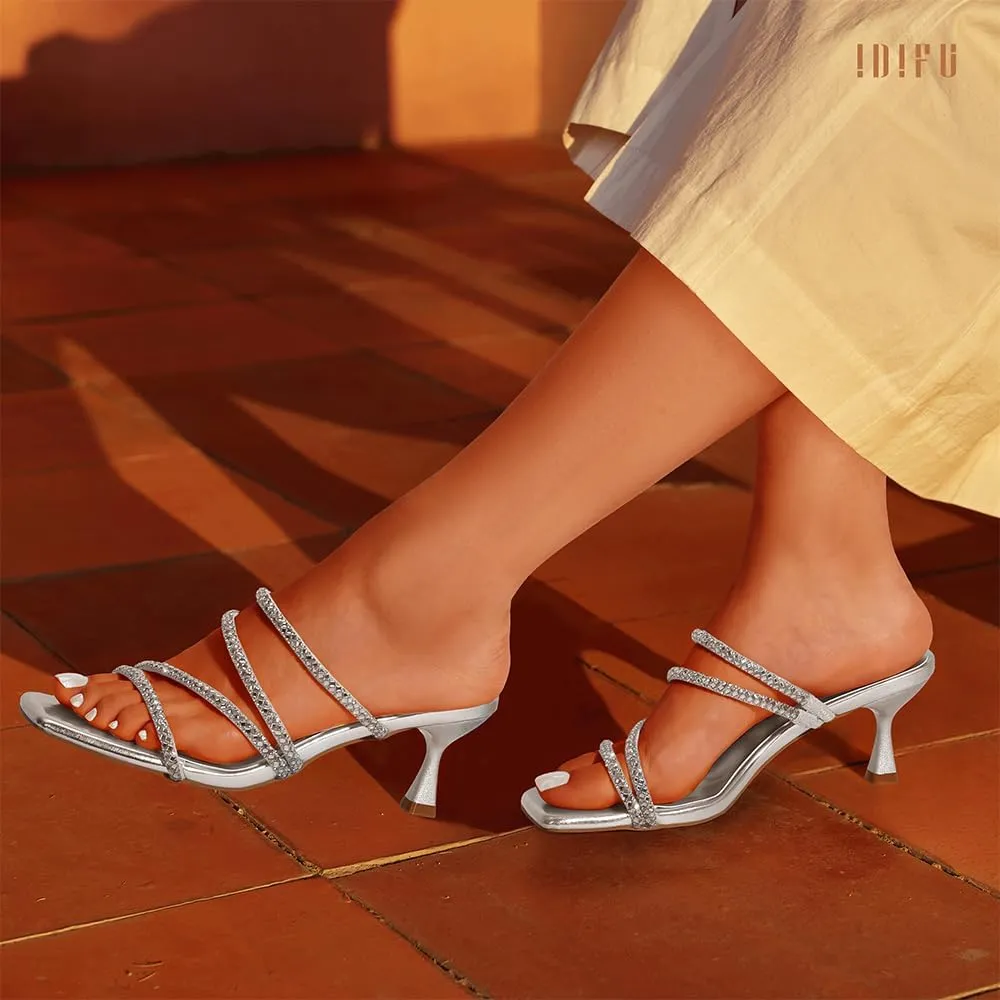 IDIFU IN2 Rhinestone Heels Strappy Low Kitten Square Open Toe Mule Heels Wedding Bridal Prom Party Dress Shoes for Women Comfortable Dressy Formal Sparkly Slip On Heeled Sandals