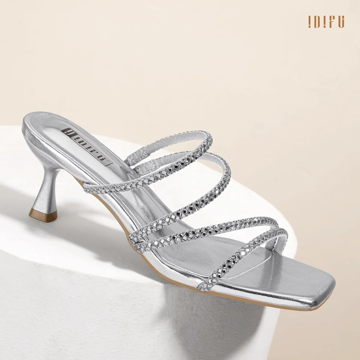 IDIFU IN2 Rhinestone Heels Strappy Low Kitten Square Open Toe Mule Heels Wedding Bridal Prom Party Dress Shoes for Women Comfortable Dressy Formal Sparkly Slip On Heeled Sandals