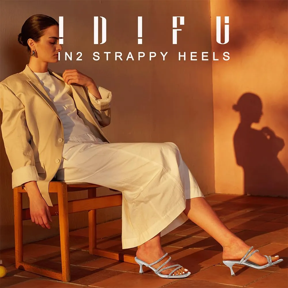 IDIFU IN2 Rhinestone Heels Strappy Low Kitten Square Open Toe Mule Heels Wedding Bridal Prom Party Dress Shoes for Women Comfortable Dressy Formal Sparkly Slip On Heeled Sandals