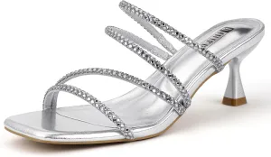 IDIFU IN2 Rhinestone Heels Strappy Low Kitten Square Open Toe Mule Heels Wedding Bridal Prom Party Dress Shoes for Women Comfortable Dressy Formal Sparkly Slip On Heeled Sandals