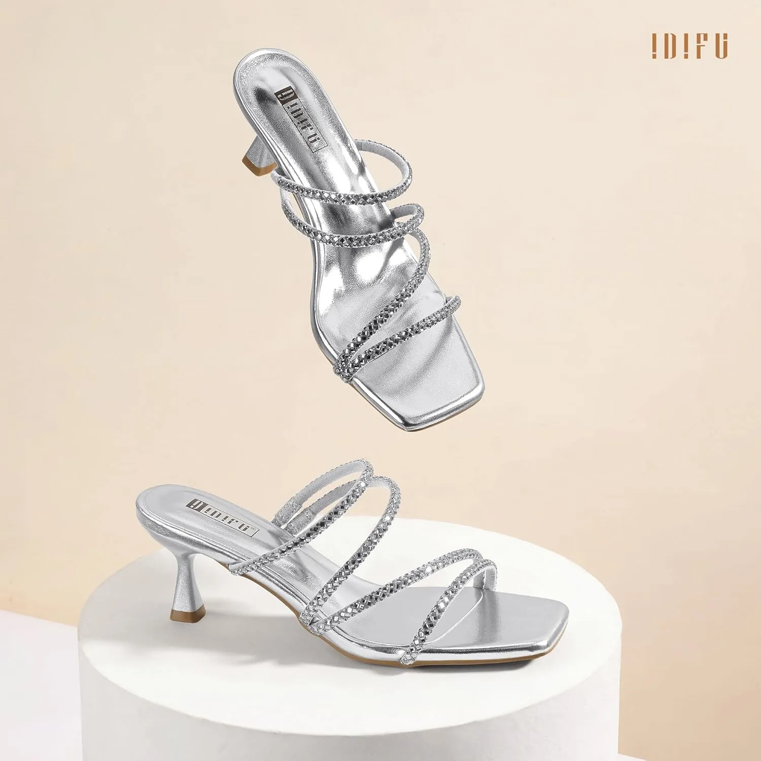 IDIFU IN2 Rhinestone Heels Strappy Low Kitten Square Open Toe Mule Heels Wedding Bridal Prom Party Dress Shoes for Women Comfortable Dressy Formal Sparkly Slip On Heeled Sandals