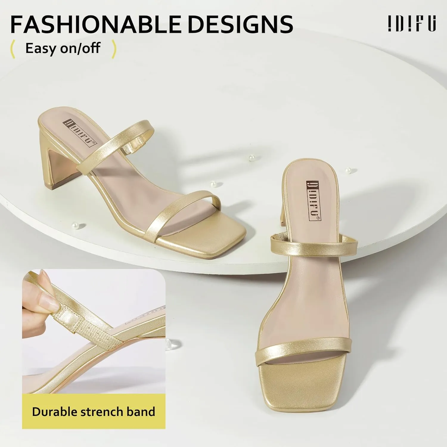 IDIFU IN3 Chunky Heels For Women Low Block Square Open Toe Heels Two Strap Slip On Comfortable Slides Heeled Sandals Sexy Wedding Prom Party Dress Shoes Cute Mule Short Heels