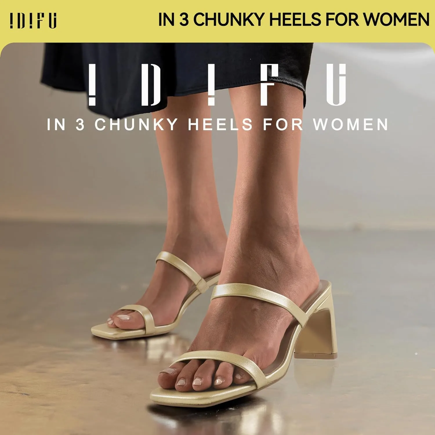 IDIFU IN3 Chunky Heels For Women Low Block Square Open Toe Heels Two Strap Slip On Comfortable Slides Heeled Sandals Sexy Wedding Prom Party Dress Shoes Cute Mule Short Heels