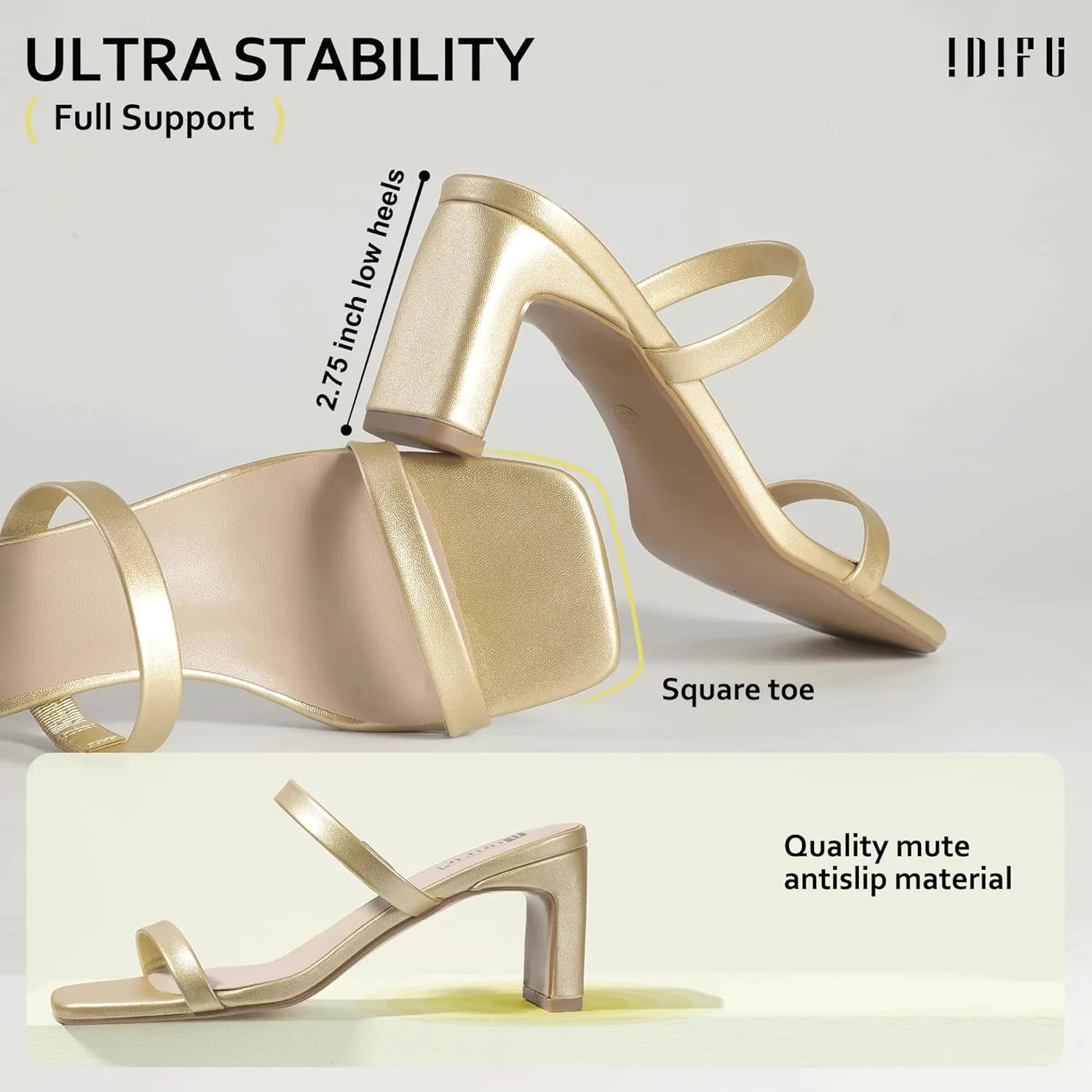 IDIFU IN3 Chunky Heels For Women Low Block Square Open Toe Heels Two Strap Slip On Comfortable Slides Heeled Sandals Sexy Wedding Prom Party Dress Shoes Cute Mule Short Heels