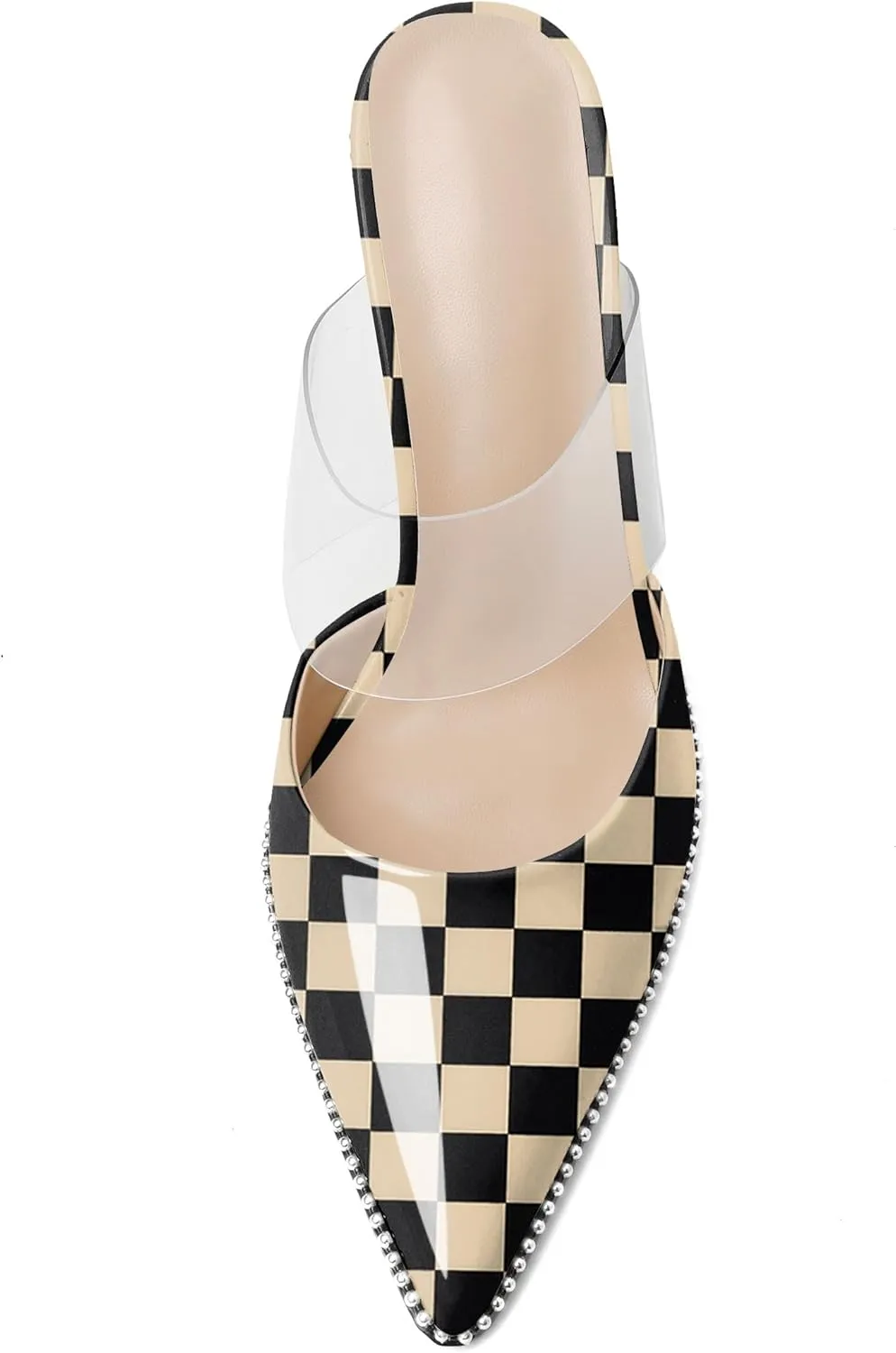 Joseywade Women's Heeled Mules Beaded Sandals Stilettos Heels Pointed Closed Toe Clear PVC Ankle Strap Patent Fashion Dress Shoes