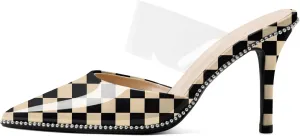 Joseywade Women's Heeled Mules Beaded Sandals Stilettos Heels Pointed Closed Toe Clear PVC Ankle Strap Patent Fashion Dress Shoes
