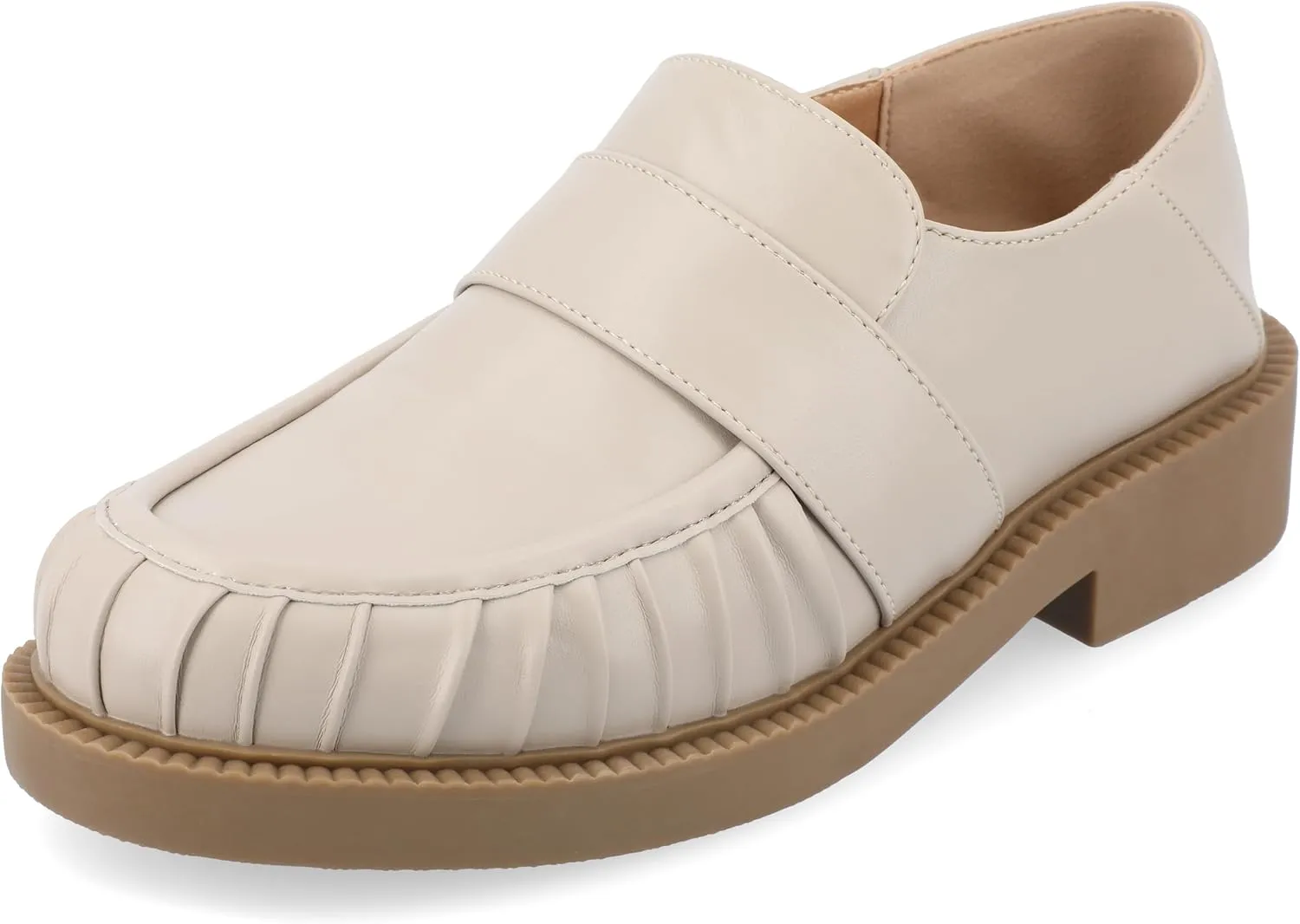 Journee Womens Ruched Lakenn Comfort Foam Slip On Closed Round Toe Crash Back Block Heel Loafer Flats Stone, 9