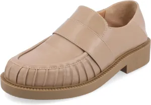 Journee Womens Ruched Lakenn Comfort Foam Slip On Closed Round Toe Crash Back Block Heel Loafer Flats Taupe, 6.5