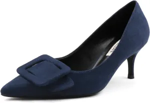 JOY IN LOVE Women's Kitten Heel Pumps Pointed Toe Square-Buckle Office Dress Pump Shoes Navy Suede US7.5