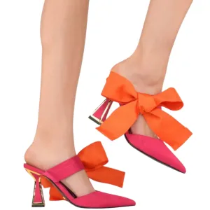 Kat Maconie Pink and Orange Bow Mule Heels - 7 - NEW