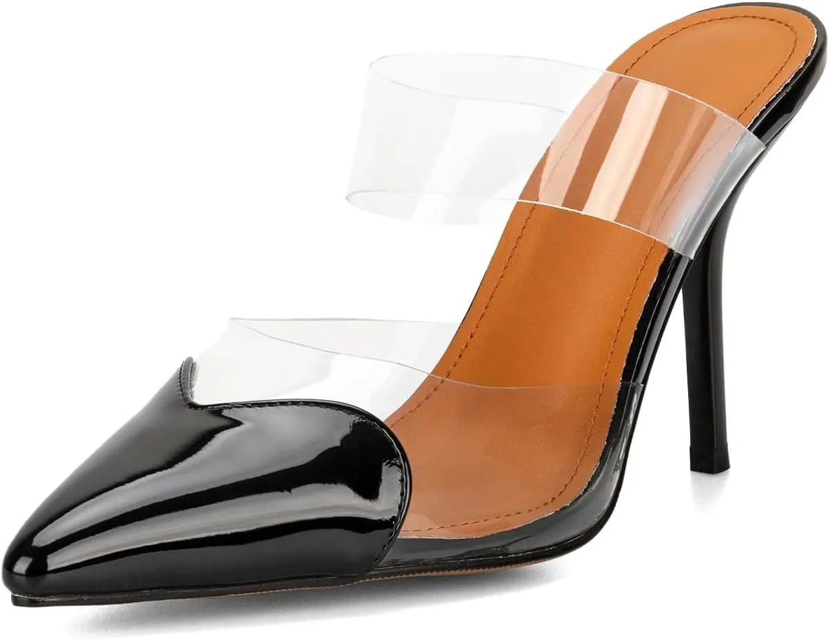 keleimusi Clear Heart Heeled Mules Transparent PVC Pointed Toe Mule Pumps Backless Slip On Clear Heeled Sandals Party Prom Dress High Heel Mules
