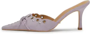 keleimusi Mid Heel Slip On Suede Pumps Studded Bow Heeled Mules Sandals Pointed Toe Shoes for Women