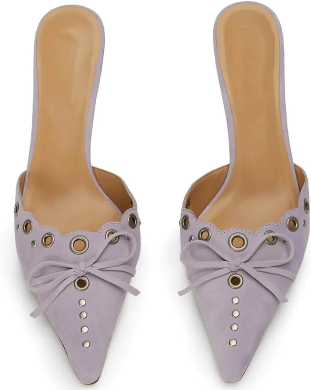 keleimusi Mid Heel Slip On Suede Pumps Studded Bow Heeled Mules Sandals Pointed Toe Shoes for Women