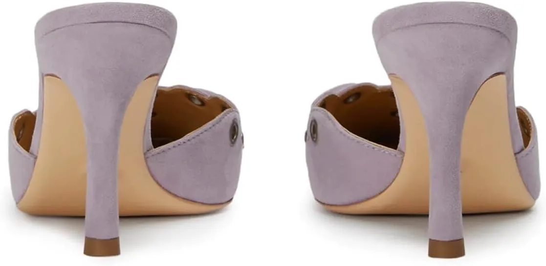 keleimusi Mid Heel Slip On Suede Pumps Studded Bow Heeled Mules Sandals Pointed Toe Shoes for Women