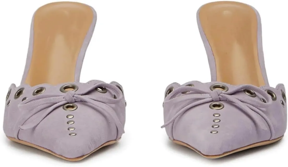 keleimusi Mid Heel Slip On Suede Pumps Studded Bow Heeled Mules Sandals Pointed Toe Shoes for Women