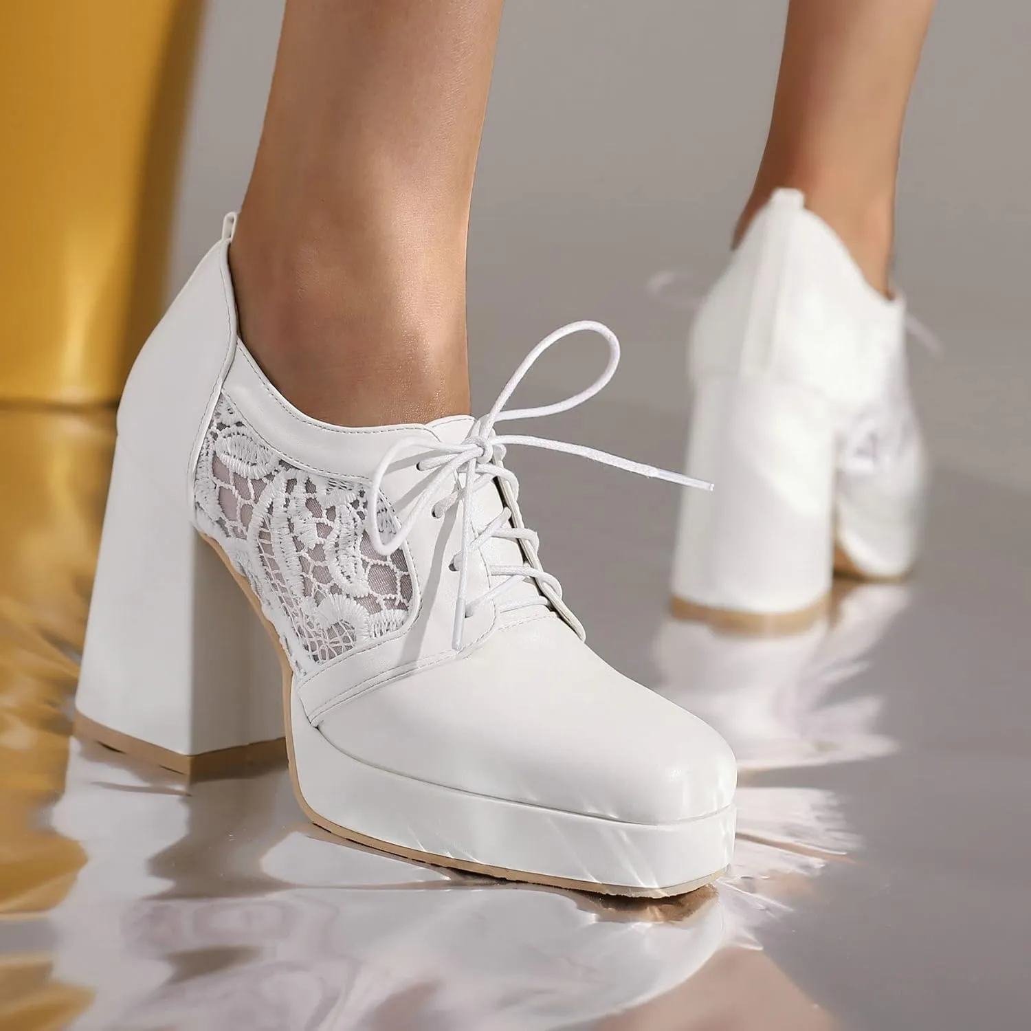 KISSASA Womens Square Toe Heeled Booties Lace Up Oxford Platform Heels Summer Ankle Boots