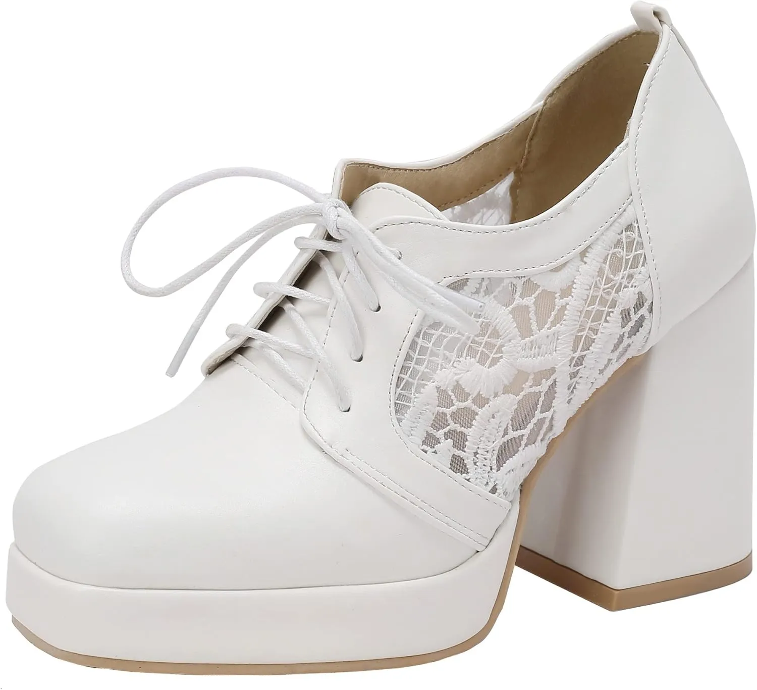 KISSASA Womens Square Toe Heeled Booties Lace Up Oxford Platform Heels Summer Ankle Boots
