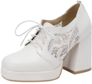 KISSASA Womens Square Toe Heeled Booties Lace Up Oxford Platform Heels Summer Ankle Boots