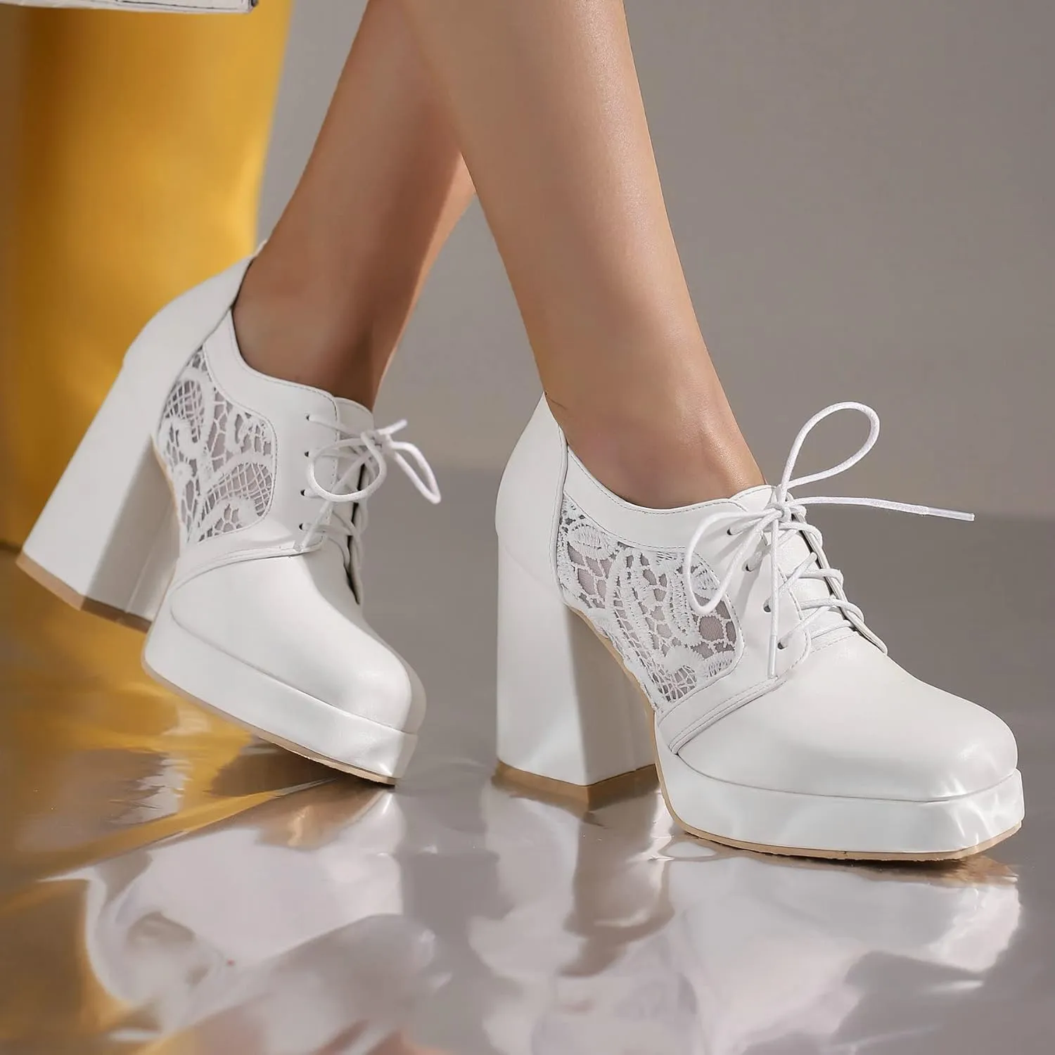 KISSASA Womens Square Toe Heeled Booties Lace Up Oxford Platform Heels Summer Ankle Boots