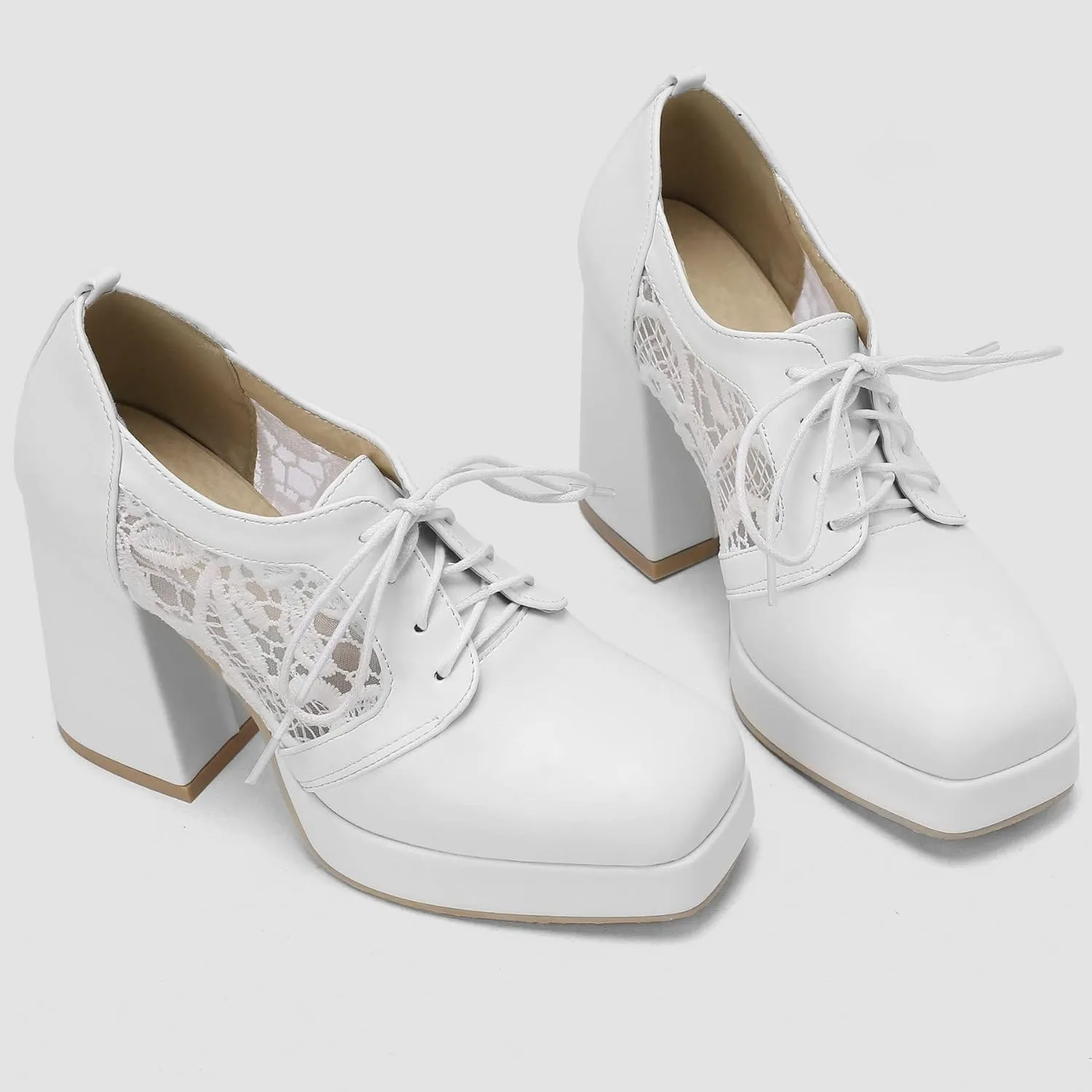 KISSASA Womens Square Toe Heeled Booties Lace Up Oxford Platform Heels Summer Ankle Boots