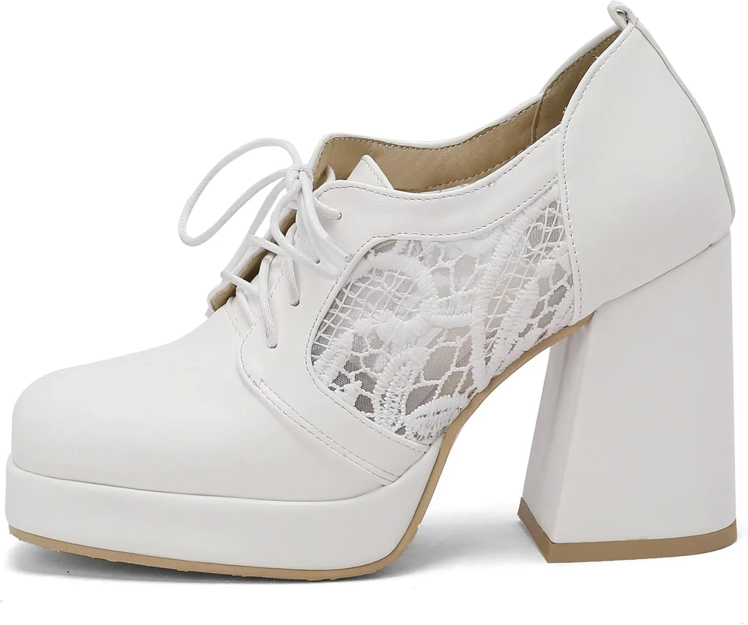 KISSASA Womens Square Toe Heeled Booties Lace Up Oxford Platform Heels Summer Ankle Boots