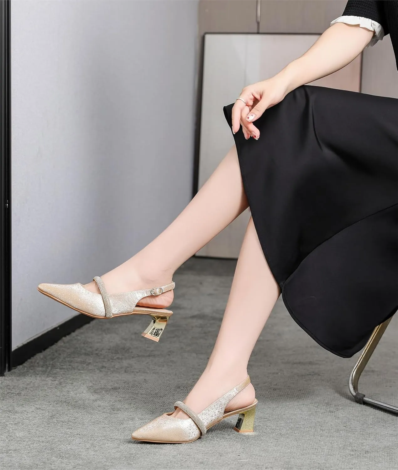 kkdom Womens Slingback Kitten Heels Closed Toe Low Heels Pumps Ankle Strap Pointed Toe Wedding Shoes
