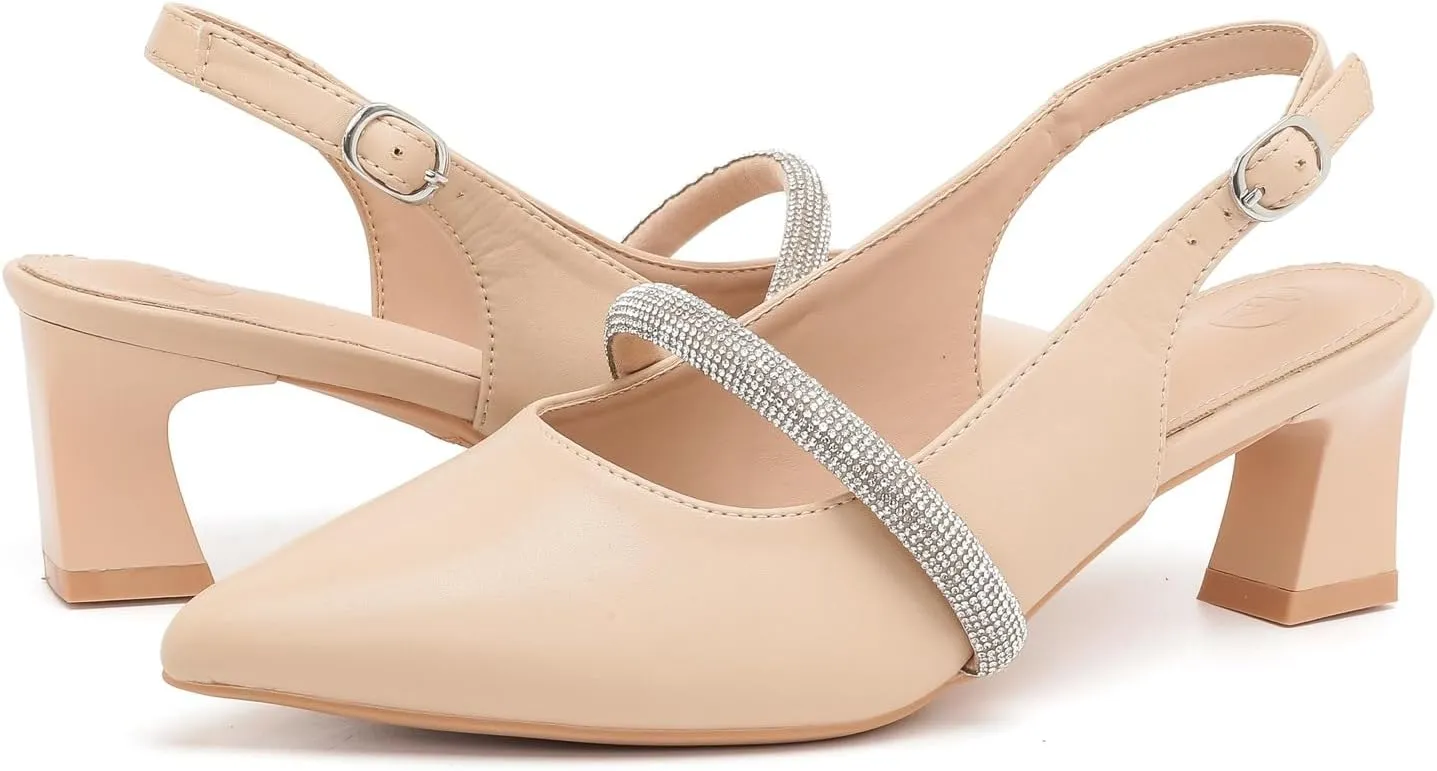 kkdom Womens Slingback Kitten Heels Closed Toe Low Heels Pumps Ankle Strap Pointed Toe Wedding Shoes