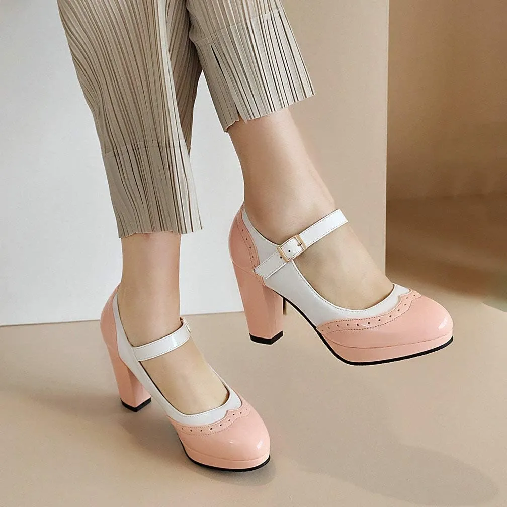 KOKOMOMO Womens Wingtip Mary Jane Oxford High Heels Ankle Strap Platform Vintage Pumps