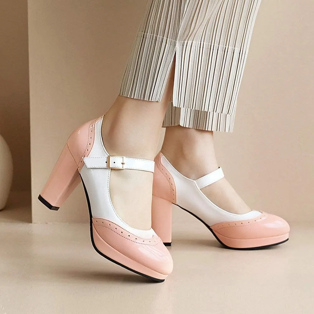 KOKOMOMO Womens Wingtip Mary Jane Oxford High Heels Ankle Strap Platform Vintage Pumps