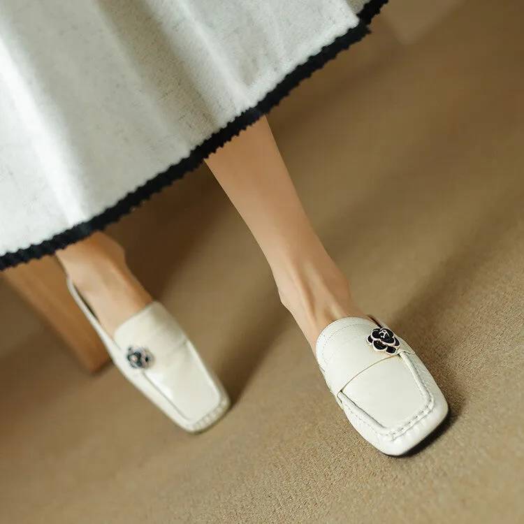 Ladies Square Toe Block Low Heel Loafer Mule Slip-on